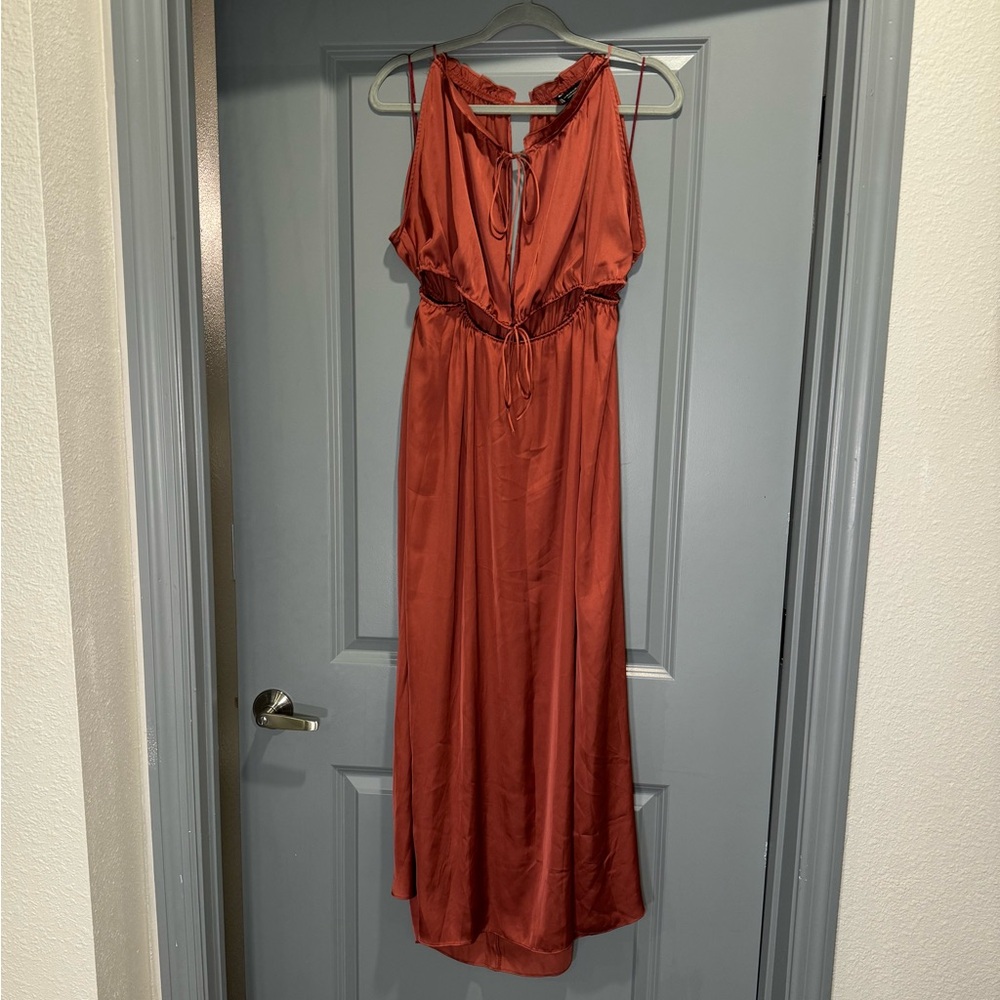 Zara Maxi Dress Women Size Medium M Red Satin Effect Cut Out Dress in Marsala